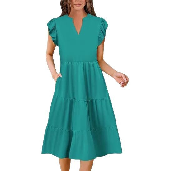 Dame afslappet flæsekjole med lomme og V-udskæring Stilla