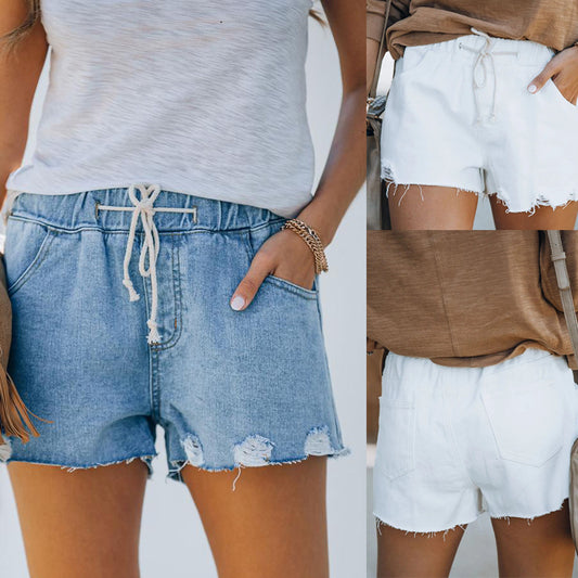 Dame denim shorts med elastisk linning og frynsedetaljer Stilla