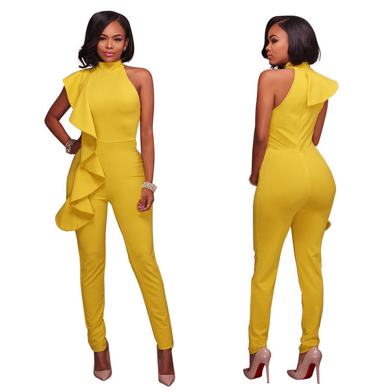 Dame Bodycon Jumpsuit med asymmetrisk snit og flæsedetaljer Stilla