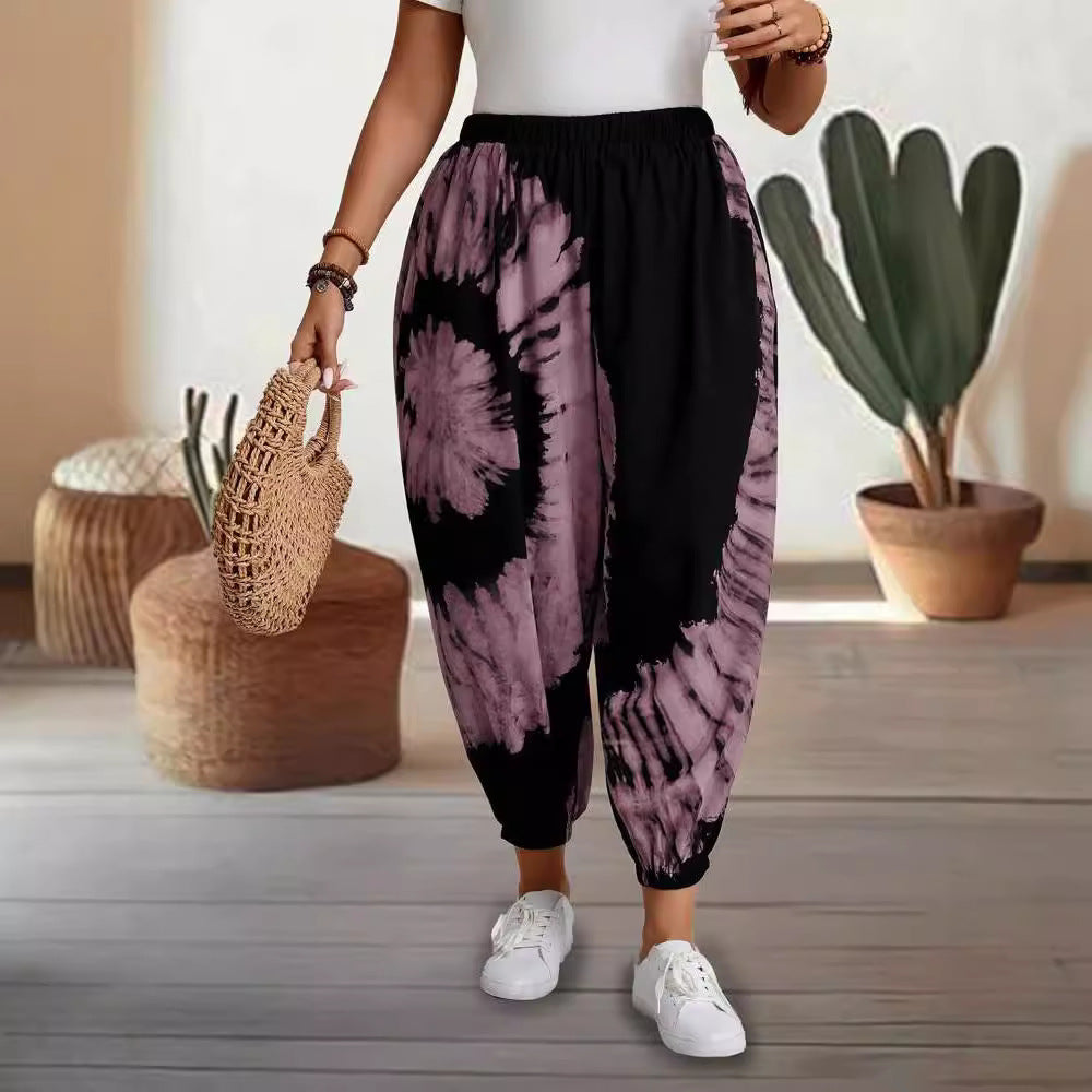 Dame afslappede tapered bukser med elastisk talje og moderne batikdesign Stilla