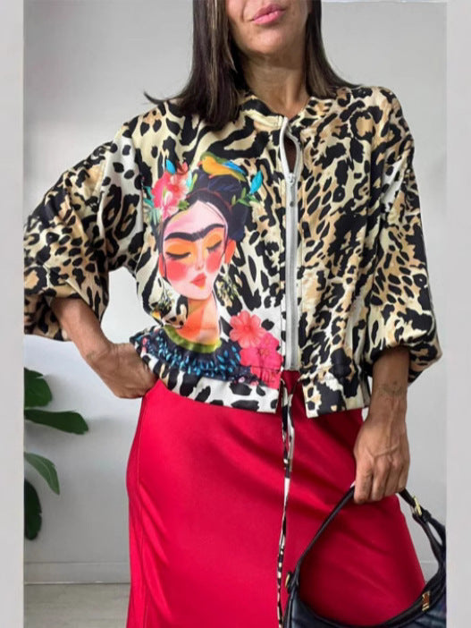 Dame afslappet bomberjakke med ekstravagant leopardmotiv Stilla