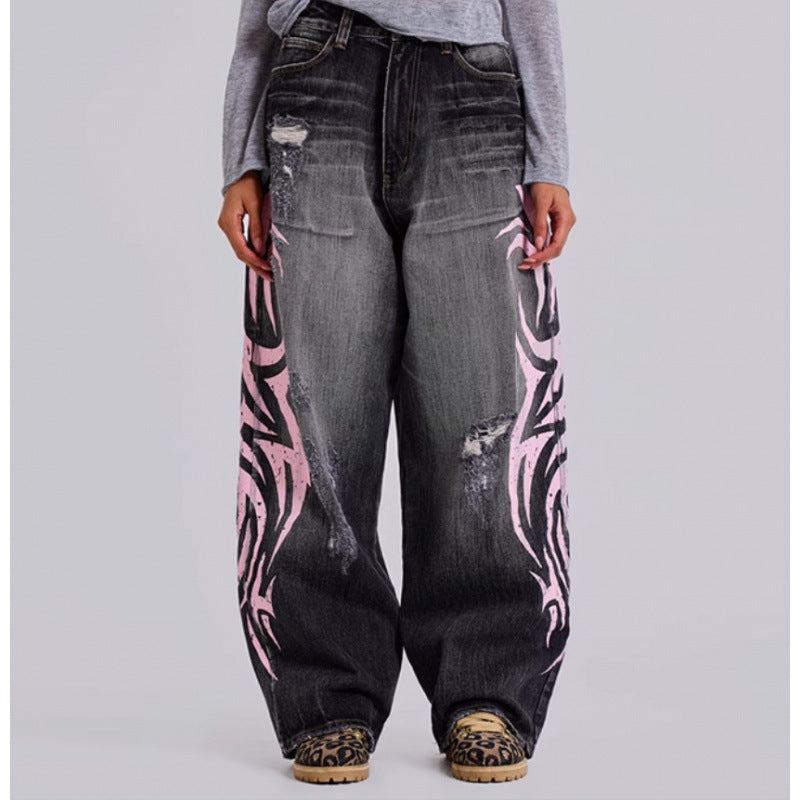 Dame distressed løs denim jeans med grafik Stilla