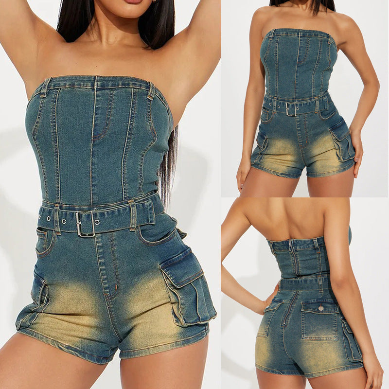 Dame Denim-Overall med båndløs pasform og praktiske lommer Stilla