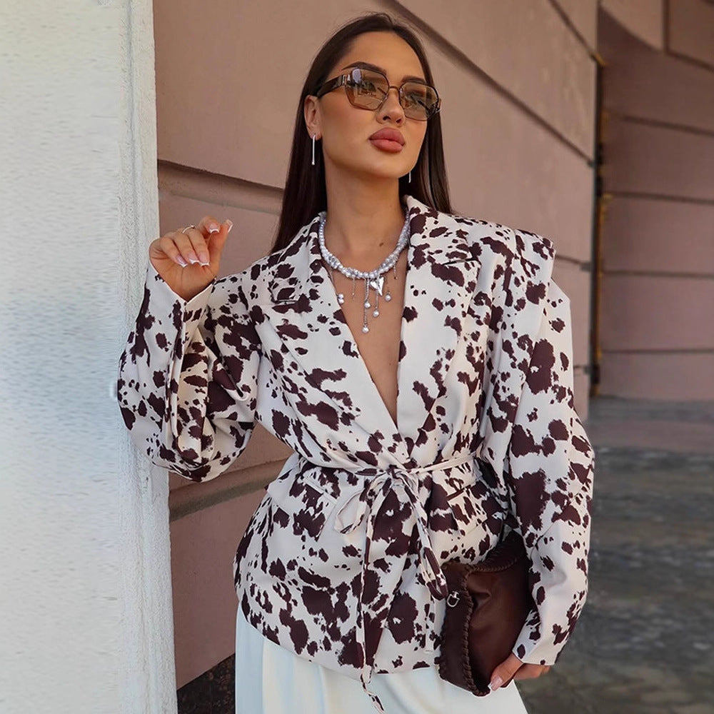 Dame elegant Blazerjakke med knude lukning og iøjnefaldende dyremønster Stilla
