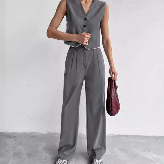 Dame Elegant Cropped Blazer-Sæt med bred buks og moderigtige accenter Stilla