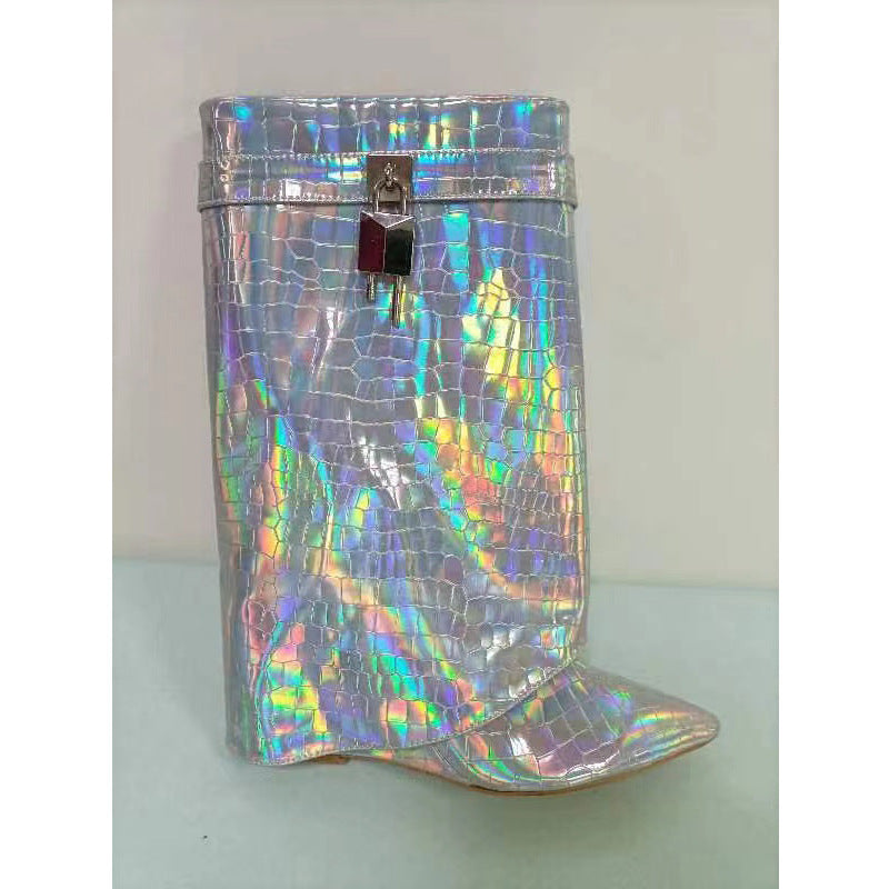 Dame Krokodille-læder-over-knæet Fashion Støvler med metallic-finish Stilla