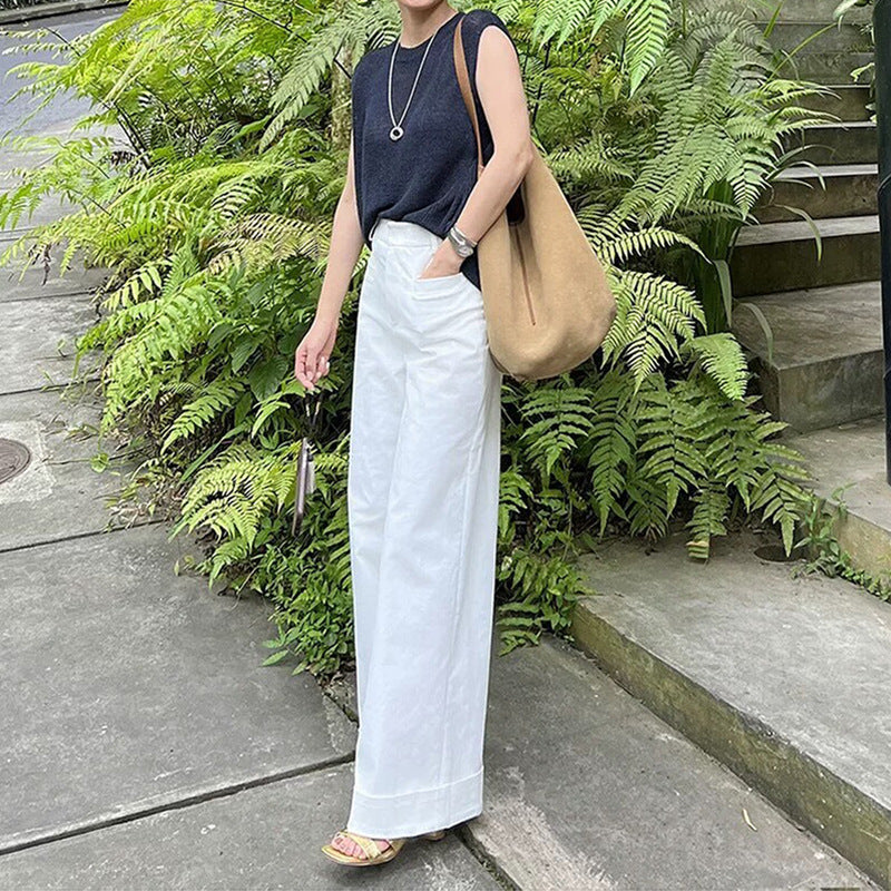 Dame afslappede linnedbukser med bred pasform og omslået kant Stilla