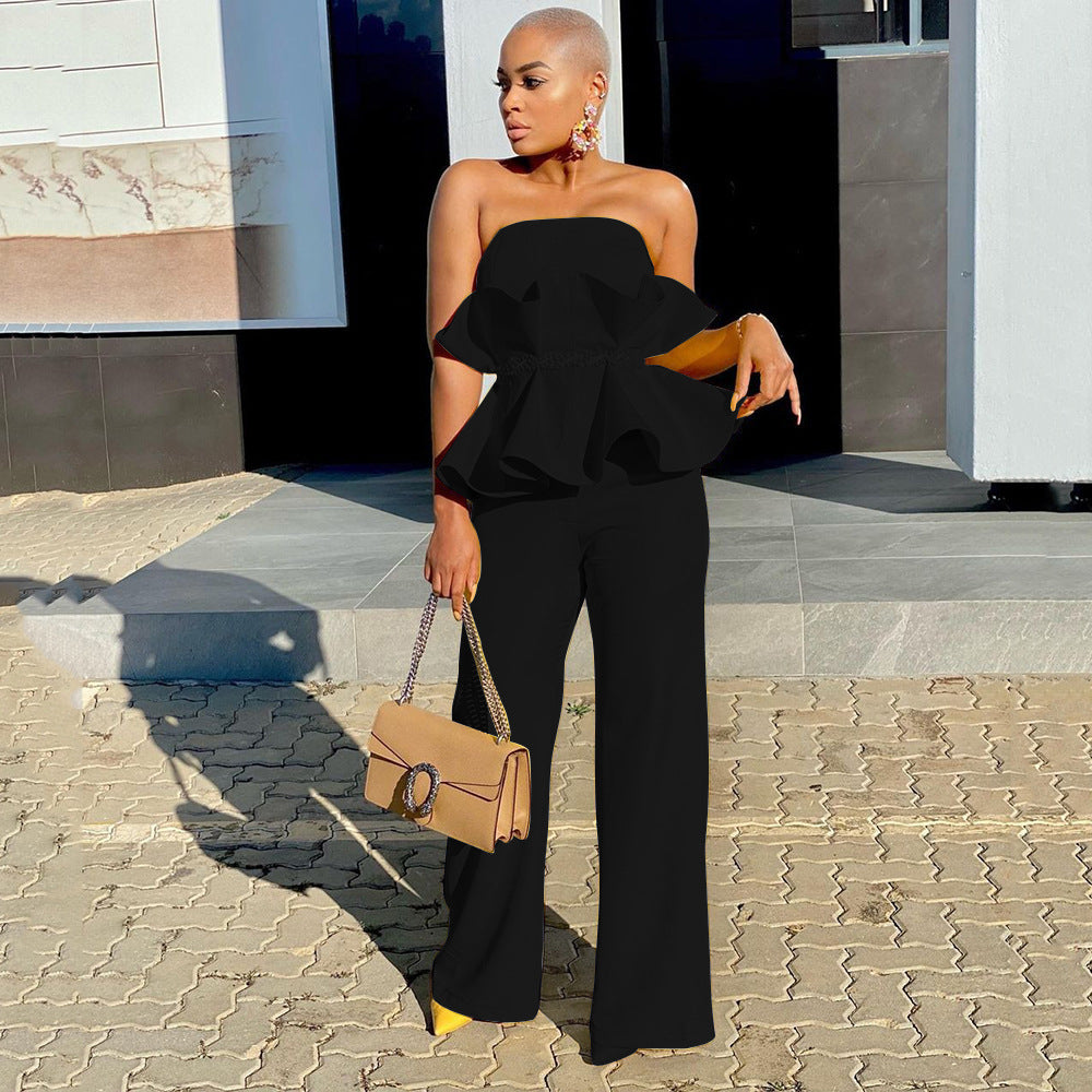 Dame elegant jumpsuit med rynkedesignet overdel og bred ben Stilla