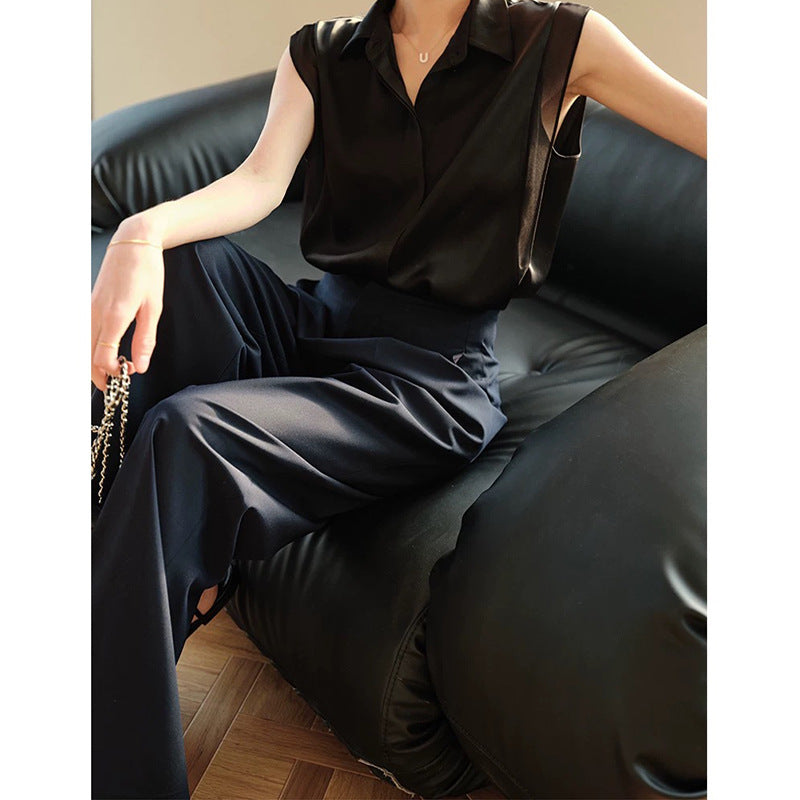 Dame elegant bluse med transparente ærmer og fin satinlook Stilla