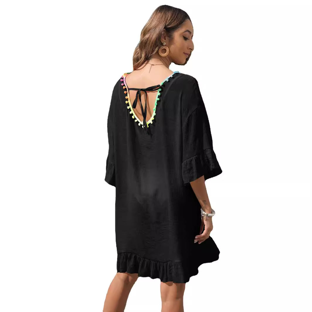 Dame afslappet strandkjole med frynset kant Stilla