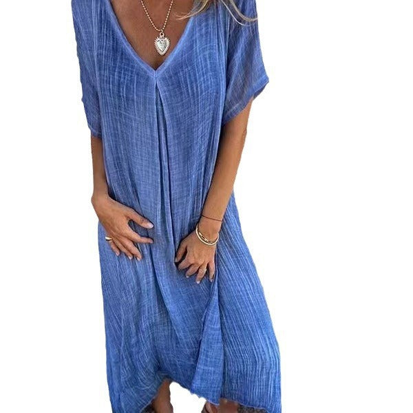 Dame afslappet linnedress med V-udskæring og praktiske lommer Stilla