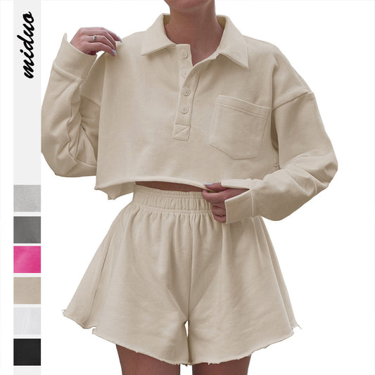 Dame cropped Poloshirt og shorts sæt med afslappet snit og praktiske lommer Stilla