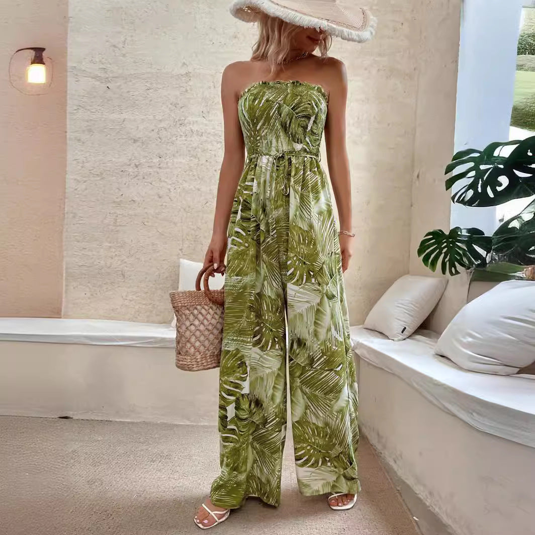 Damer Strapless Tropisk-print Bred-bukser Jumpsuit Stilla