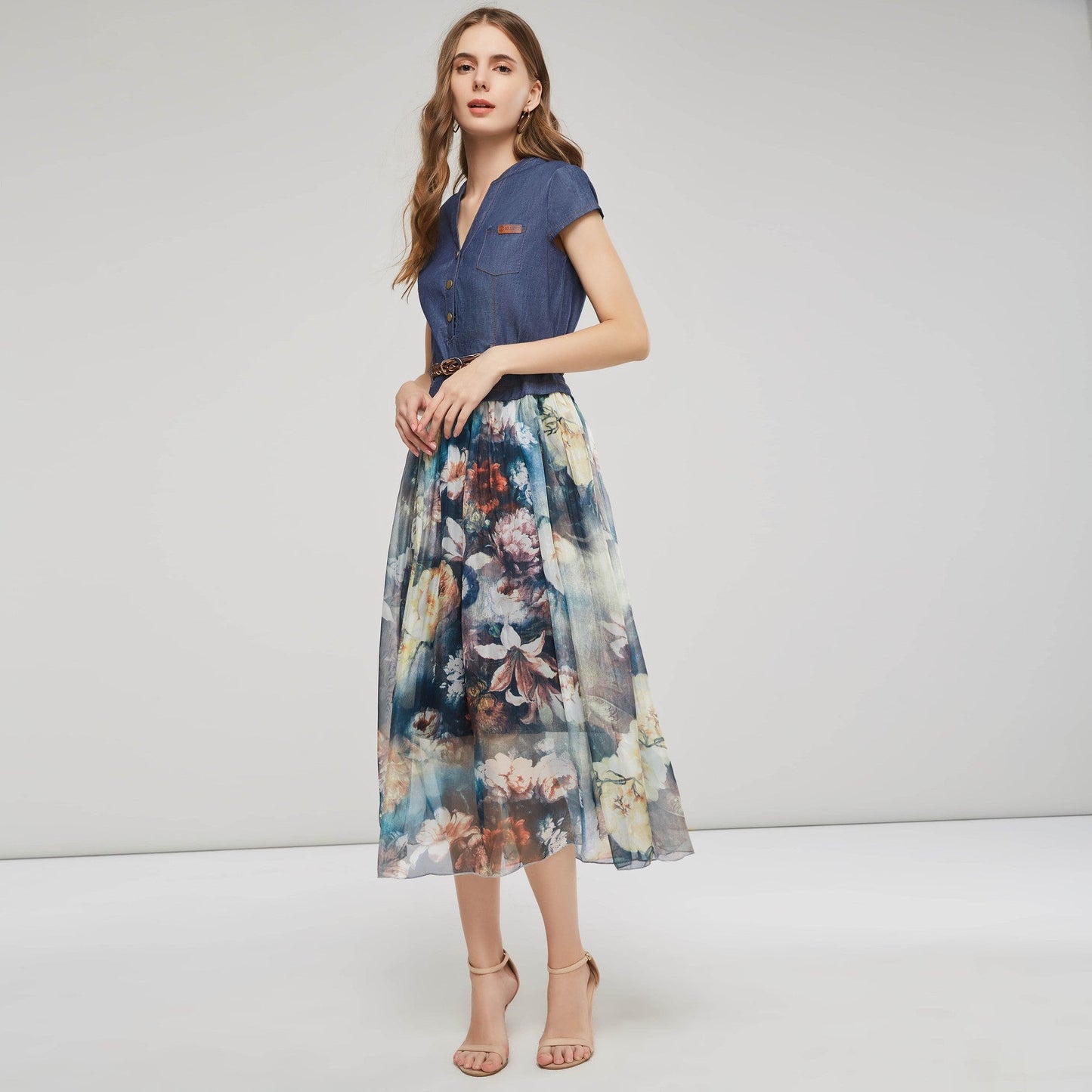 Stilla | Elegant Patchwork Print Stropkjole Midi Kjole