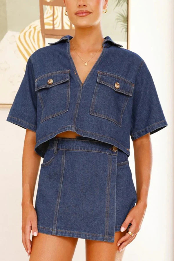 Dame Denim Cropped Skjorte og High-Waist Mini Nederdel Sæt Stilla