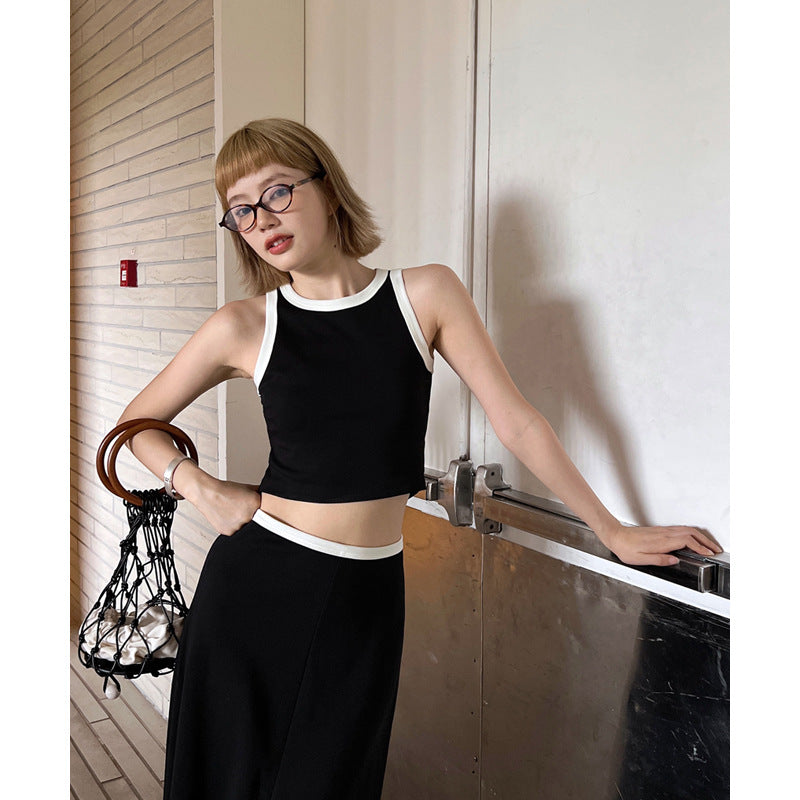 Dame Crop-Top og Maxiskørt-sæt med kontrastdetaljer og flydende snit Stilla