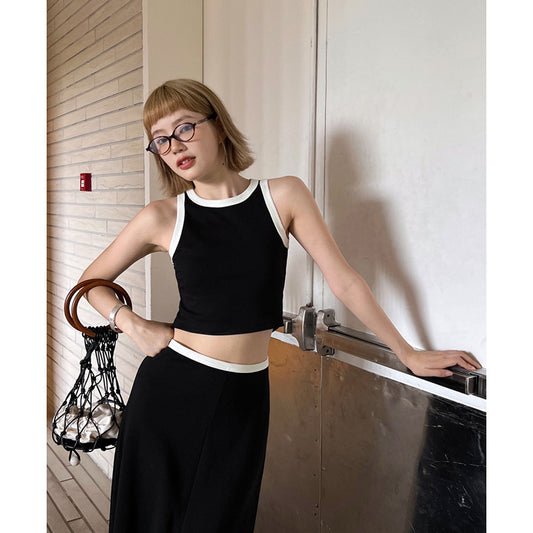 Dame Crop-Top og Maxiskørt-sæt med kontrastdetaljer og flydende snit Stilla