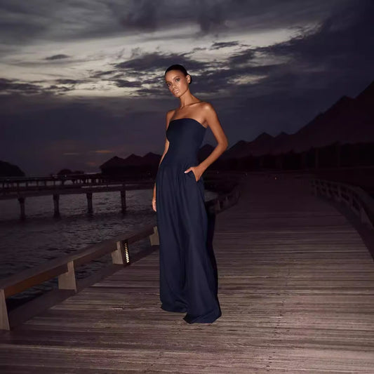 Dame elegant jumpsuit med sidelommer og åben skulderparti Stilla
