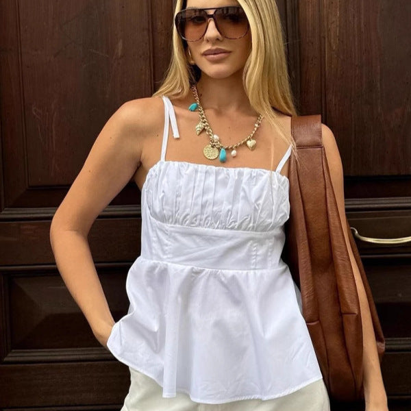 Dame afslappet spaghetti-strop top med innovative flæsedetaljer Stilla