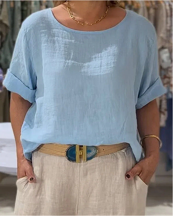 Dame afslappet linnedbluse med oppadgående ærmer og bred pasform Stilla