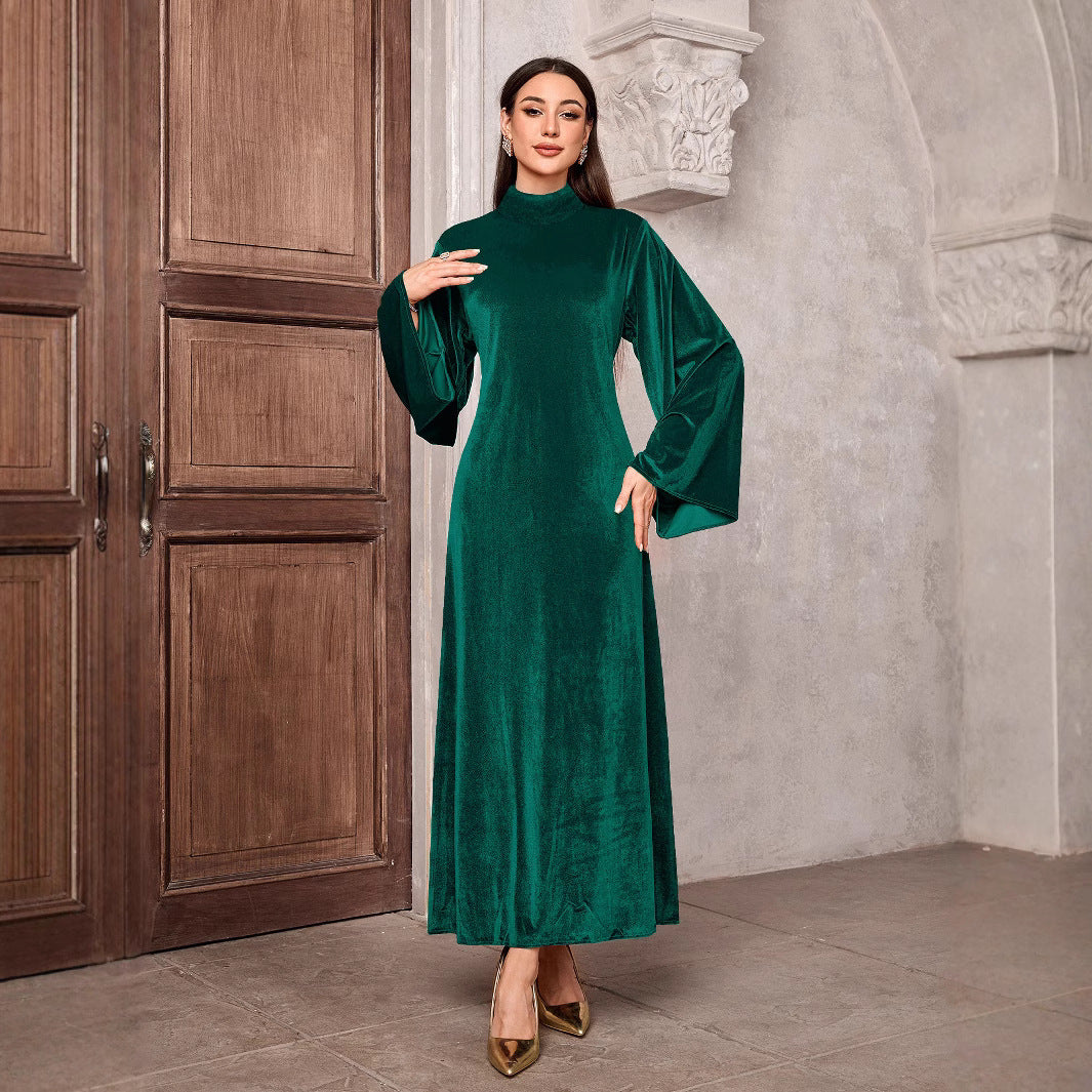 Dame elegant fløjl maxi kjole med høj krave og vide udskårne ærmer Stilla