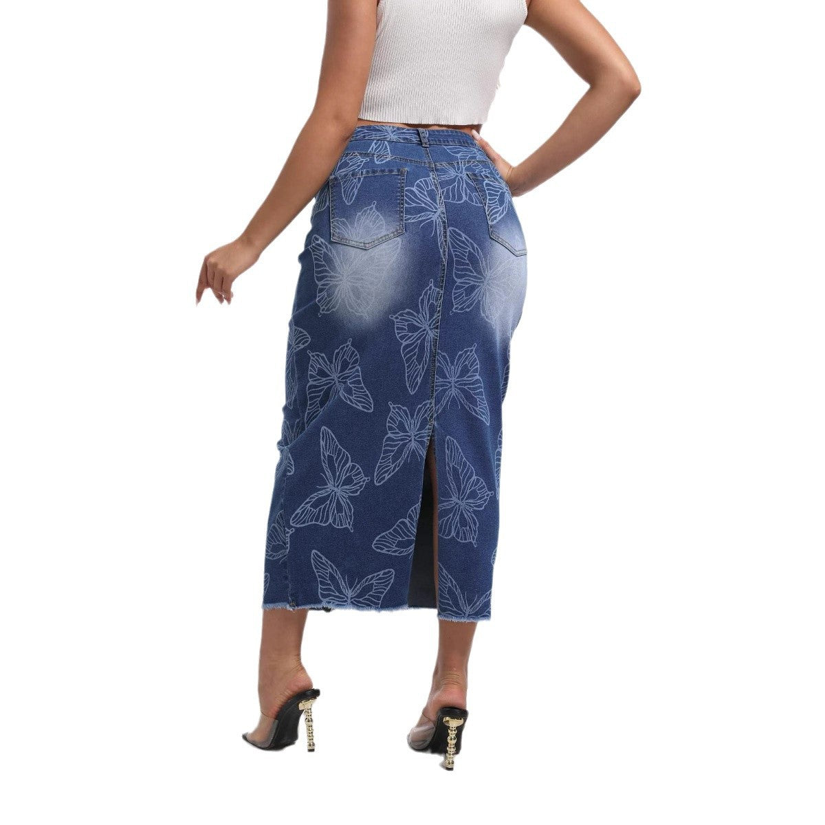Dame Denim-Midiskirt med sommerfugledesign og slids Stilla