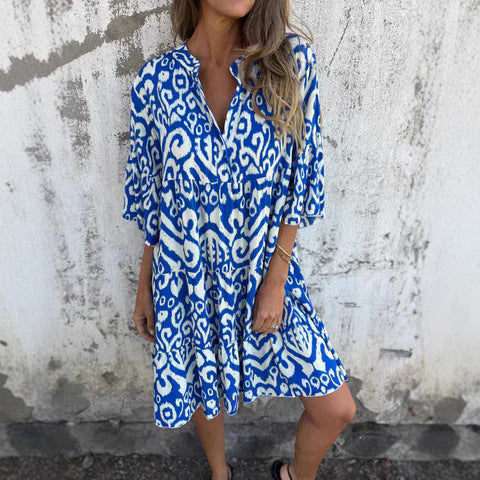 Dame afslappet bomulds kjole med V-udskæring og voluminøse ærmer Stilla