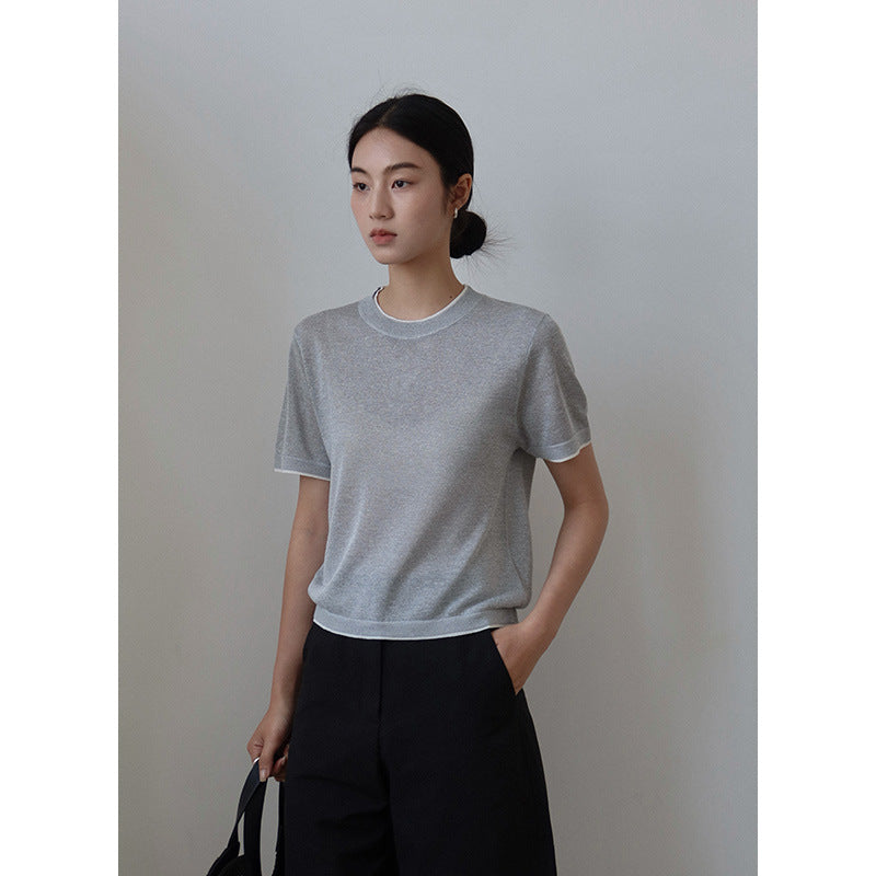 Dame afslappet netshirt med høj rund halsudskæring og korte ærmer Stilla