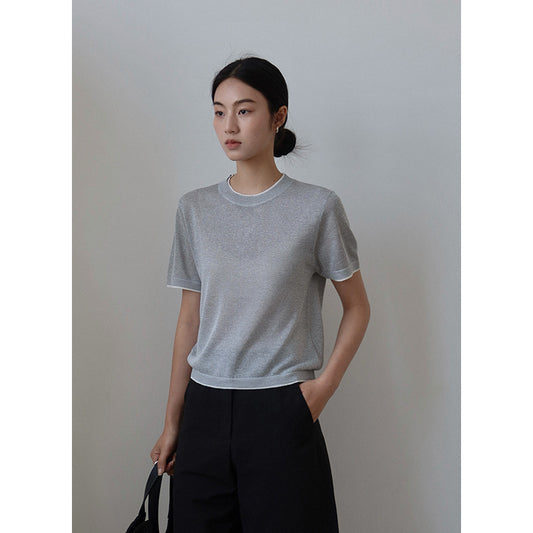 Dame afslappet netshirt med høj rund halsudskæring og korte ærmer Stilla