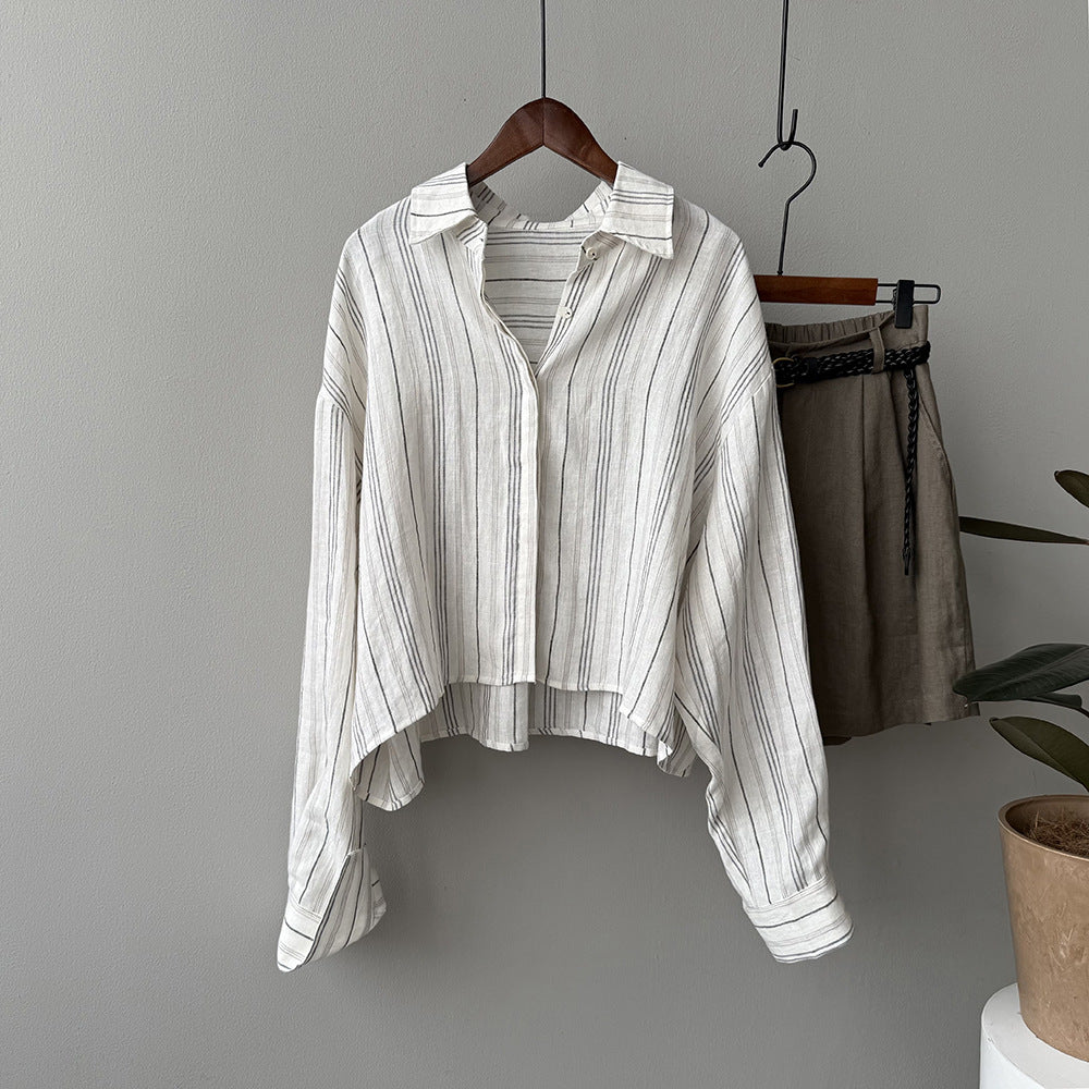 Dame afslappet linned bluse med asymmetrisk kant og elegante striber Stilla