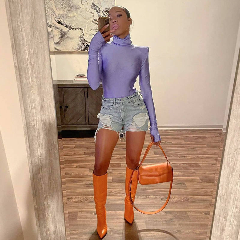 Dame Langærmet Bodysuit med høj krave og tætsiddende pasform Stilla