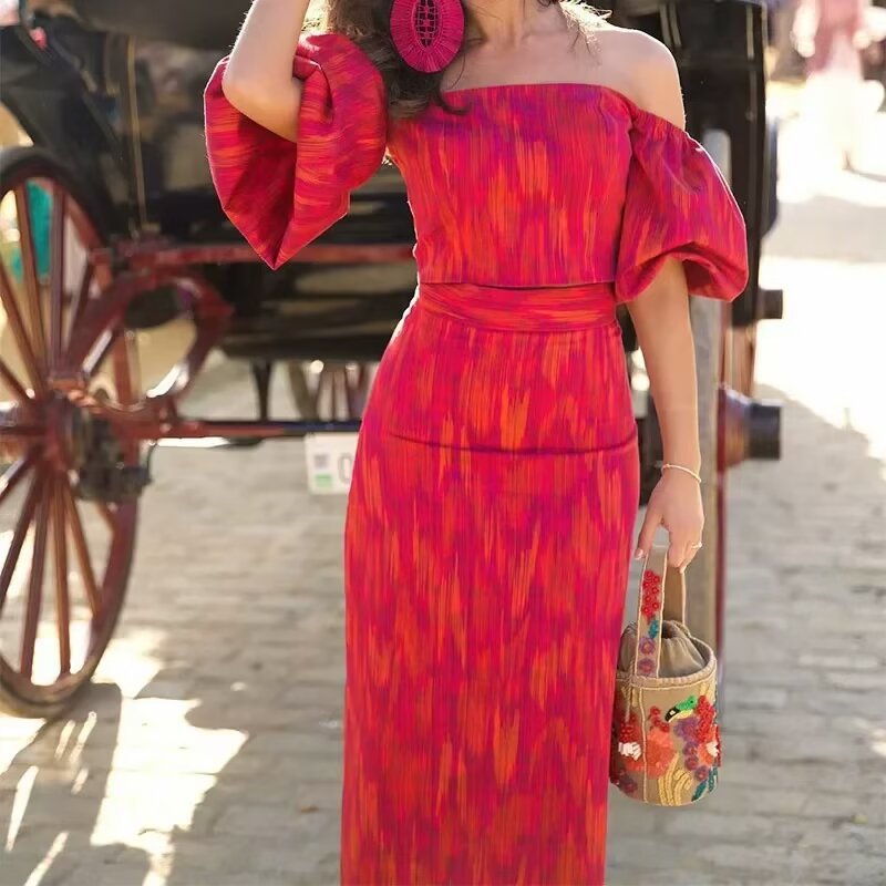 Dame Crop-Top og Maxiskørt Sæt med voluminøse ærmer og moderne mønster Stilla