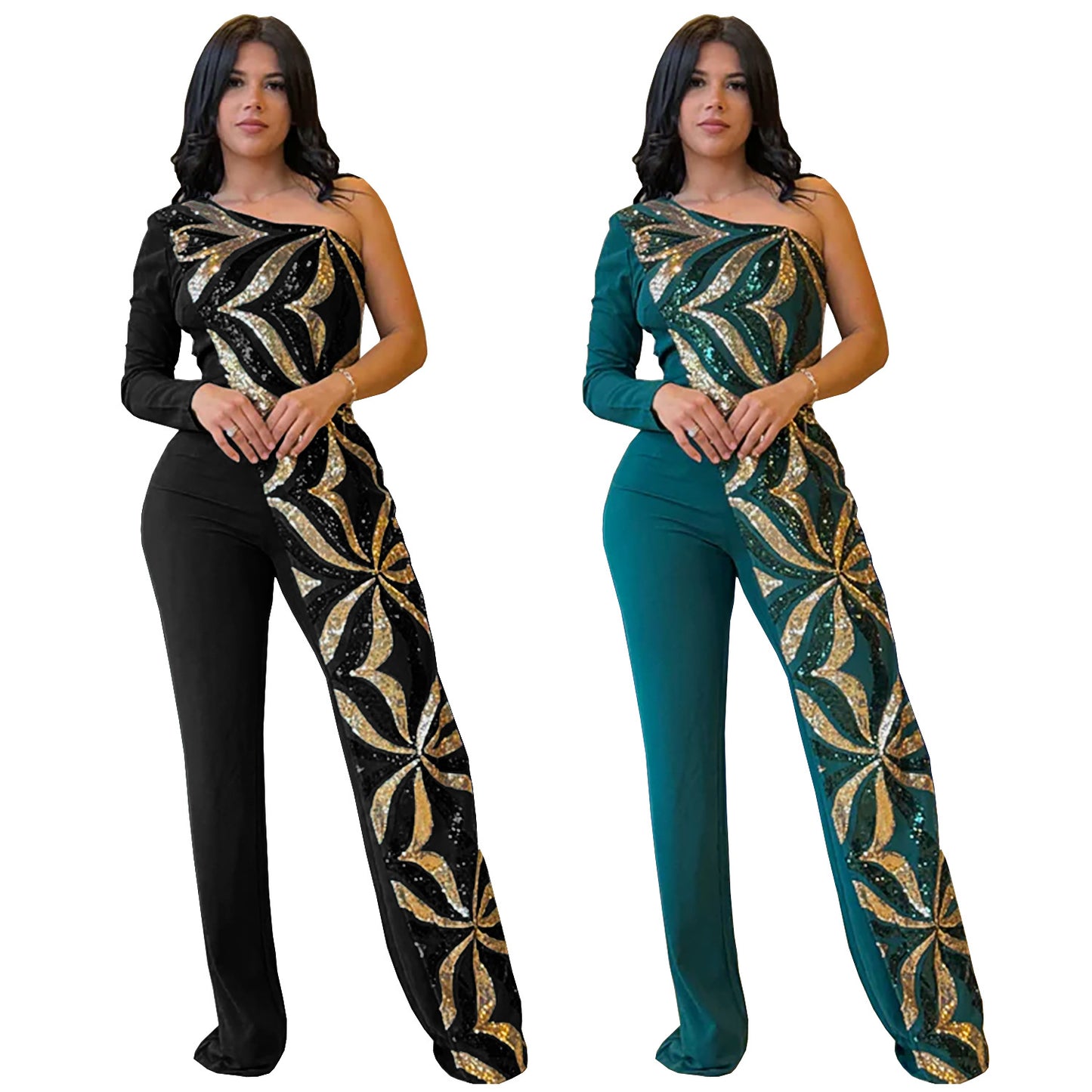 Dame Elegant Jumpsuit med asymmetrisk snit og glitrende applikationer Stilla