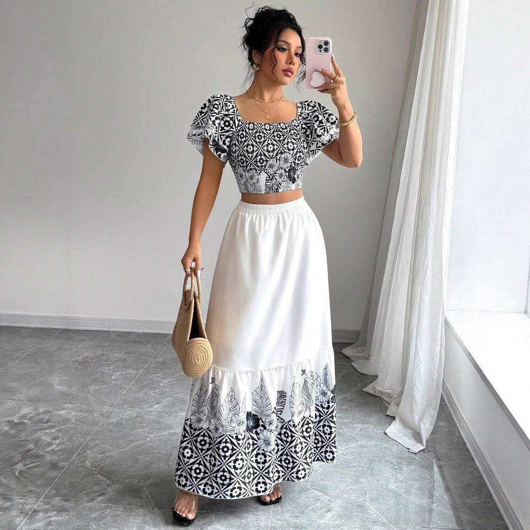 Dame afslappet crop top og maxi nederdel i sæt med blomsterdesign Stilla