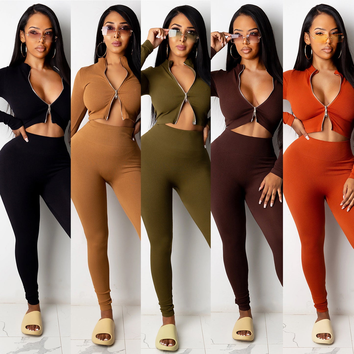 Dame Crop-Top og High-Waist Leggings Sæt med Lynlås Stilla