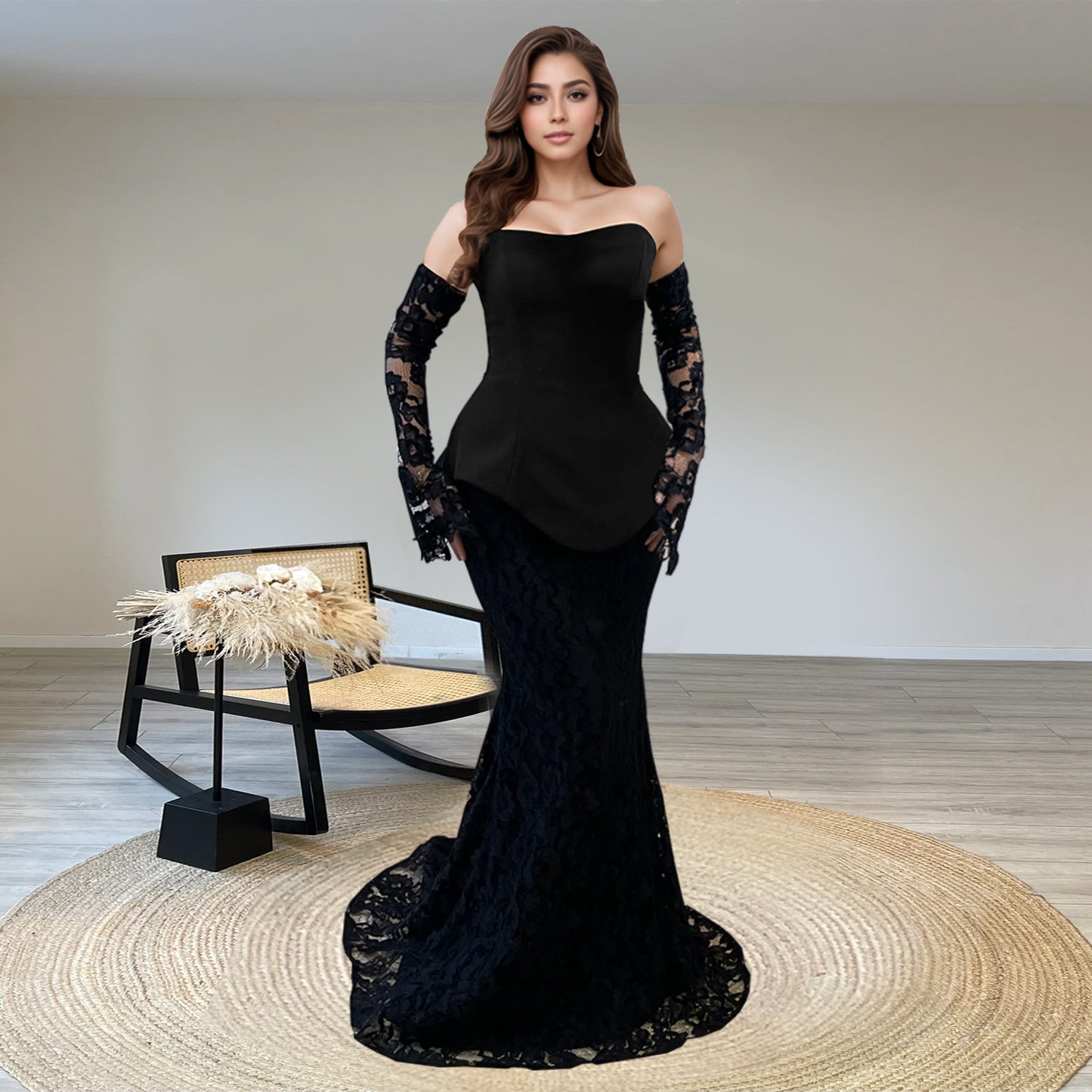 Dame Elegant Aftenkjole med Off-Shoulder Design og Spidsdetaljer Stilla