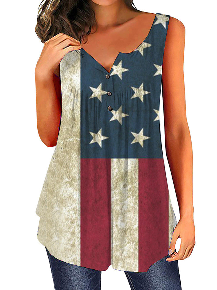 Dame afslappet bluse med knapliste og flagmotiv Stilla