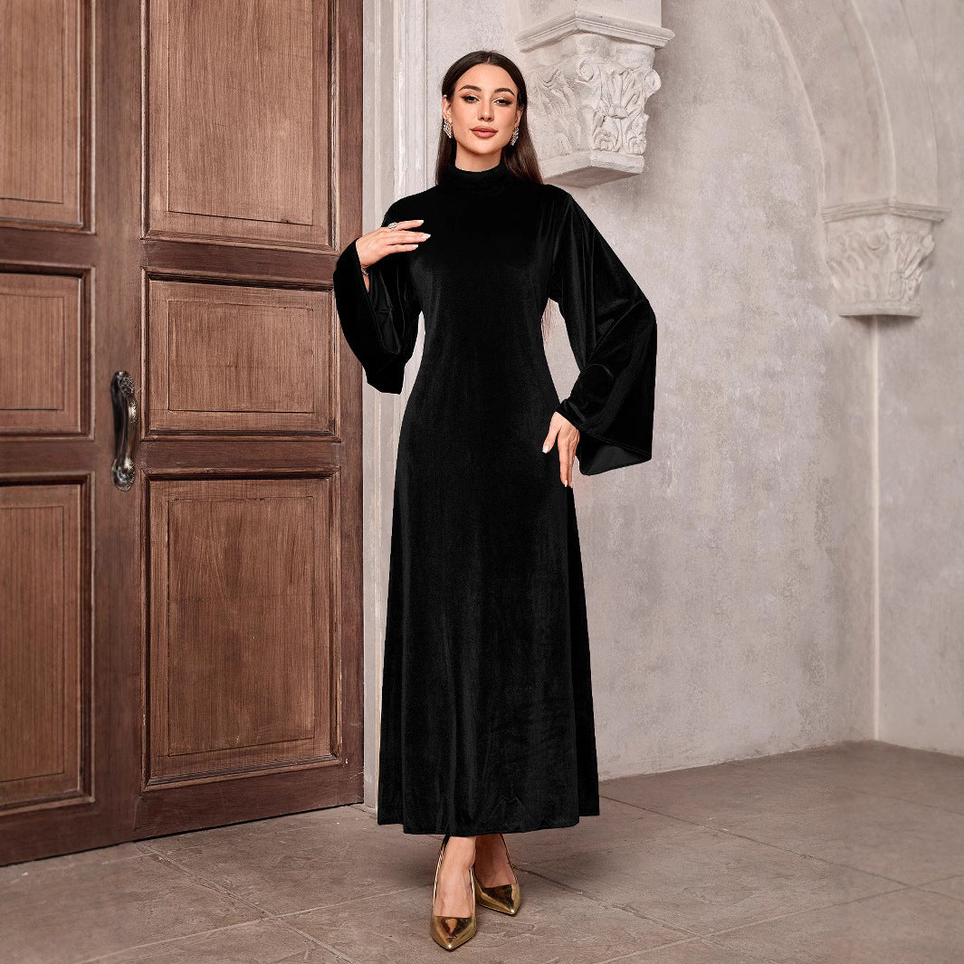 Dame elegant fløjl maxi kjole med høj krave og vide udskårne ærmer Stilla