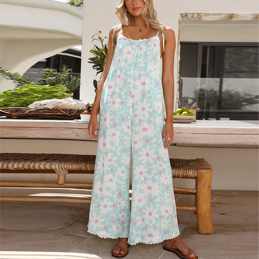 Dame luftig jumpsuit med blomstermønster og justerbare spaghetti-stropper Stilla