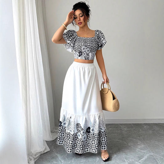 Dame Crop-Top og Maxi-Nederdel Sæt med blomsterlige accenter Stilla