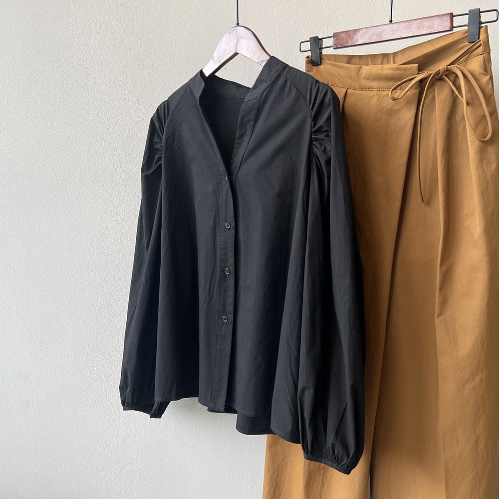 Dame elegant Bluse med pufærmer og ståkrave Stilla