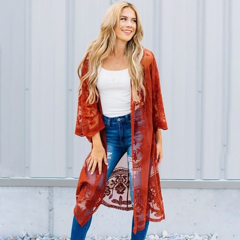 Dame Elegant Hækle-Kimono med florale Detaljer Stilla