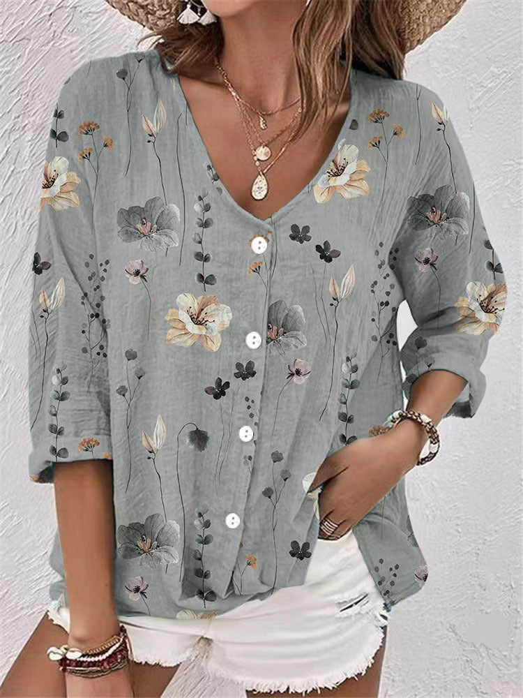 Damebluse med blomstertryk og halve ærmer Stilla