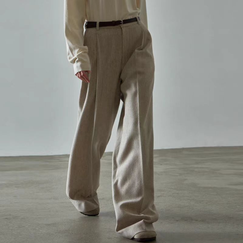 Dame elegant bred uldbukser med høj talje og mode bindebælte Stilla