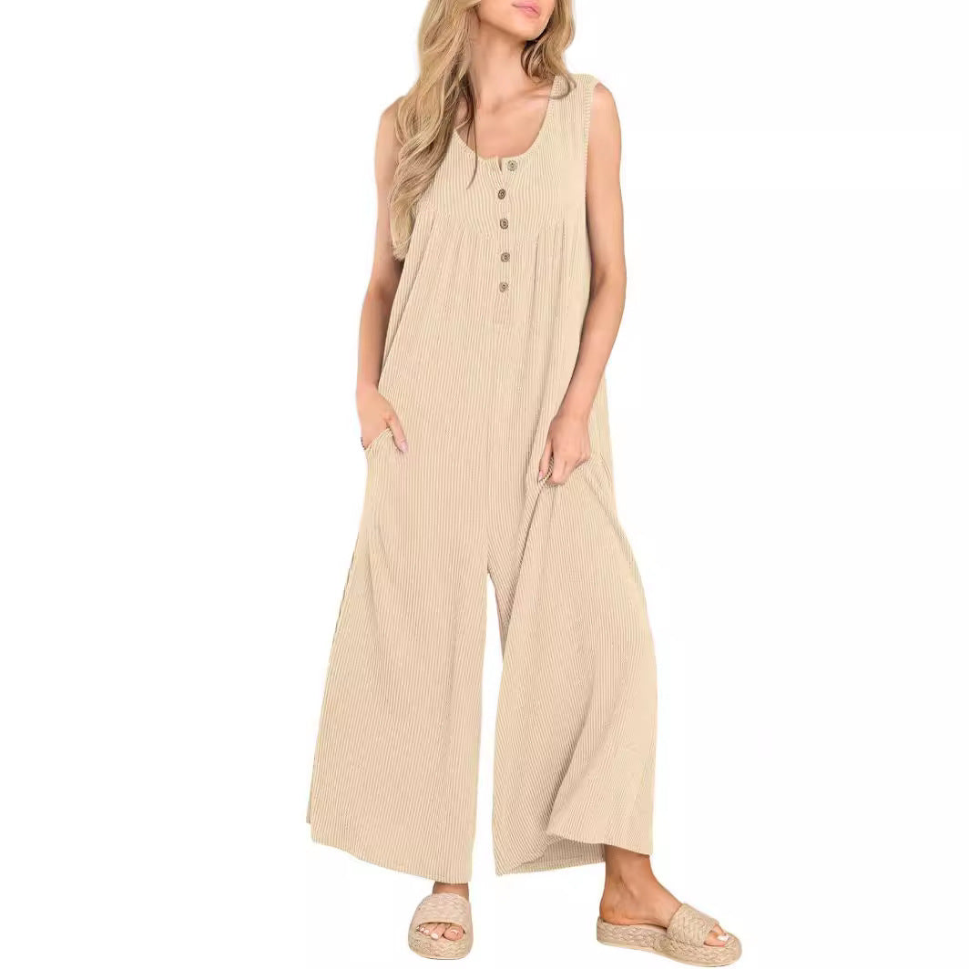 Dame Casual Jumpsuit med knaplukning og bredt ben Stilla