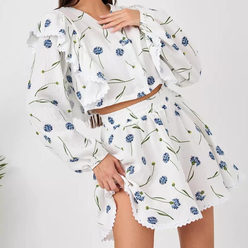 Dame Crop-Top og Nederdel Sæt med Rynkedetaljer og Blomster Mønstre Stilla