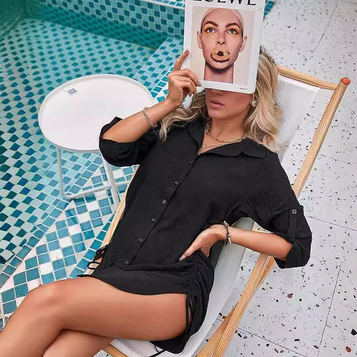 Dame afslappet skjortekjole med dekorativt bælte og legende snit Stilla