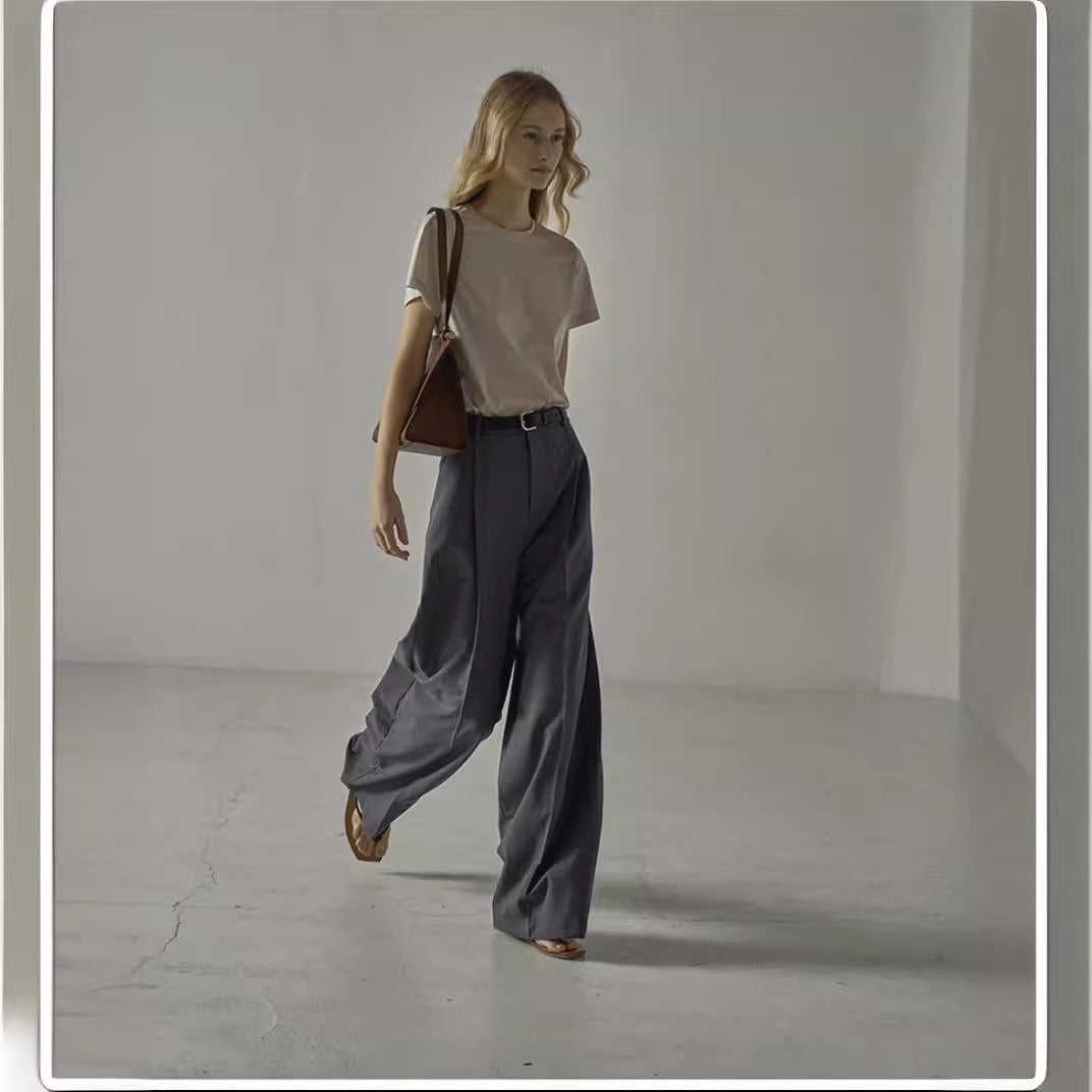 Dame elegant bred jakkesætsbukser med højliv og smart bælte Stilla