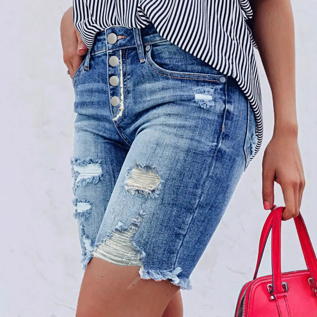 Dame jeansshorts med høj talje og stilfulde destroyed-detaljer Stilla
