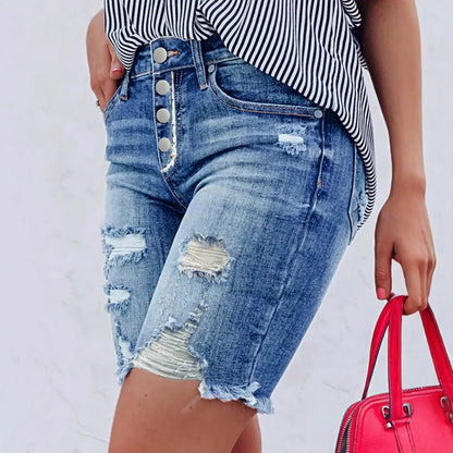 Dame jeansshorts med høj talje og stilfulde destroyed-detaljer Stilla